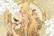 Art Nouveau wall mural with a golden-haired muse, white florals, intricate golden details, and a butterfly.