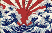 Japanese wall mural featuring blue ocean waves, a bold red rising sun, and birds in flight for a dynamic artistic statement.