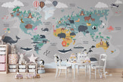 Illustrated kids world map wall mural featuring continents, oceans, animals, and landmarks in a playful and educational design.