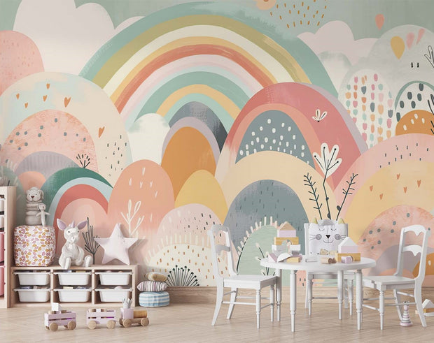 Colorful rainbow hills wall mural with soft pastel tones, whimsical hand-painted patterns, and playful botanical details – perfect for a kids’ bedroom or nursery decor.