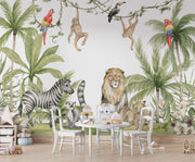 Safari Wildlife Wall Mural – Watercolor mural with lions, zebras, monkeys, and parrots in a tropical landscape, ideal for kids' rooms and nurseries.