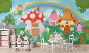 Whimsical Fairyland Wall Mural featuring mushroom houses, fairies, rainbows, and forest creatures – perfect for kids' rooms and nurseries.