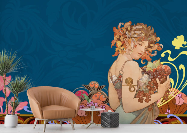 Art Nouveau wall mural with a muse holding fruits, surrounded by floral patterns on a navy-blue background, adding vintage elegance to a living 
room.