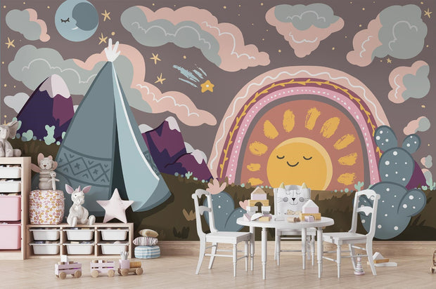 Boho-inspired kids wall mural featuring a sunset, rainbow, mountains, teepee, and desert landscape in soft earthy tones with a dreamy, whimsical design.