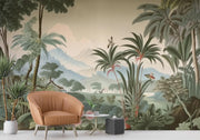 Vintage tropical landscape wall mural with exotic greenery, misty mountains, palm trees, and birds, styled in a modern interior with warm-toned decor.