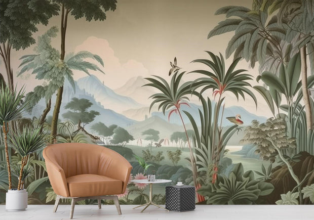 Vintage tropical landscape wall mural with exotic greenery, misty mountains, palm trees, and birds, styled in a modern interior with warm-toned decor.