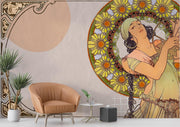 Art Nouveau wall mural with a sunflower motif and serene muse in soft pastel tones, ideal for vintage-inspired modern living rooms.