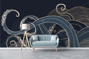 Modern octopus tentacles wall mural with bold navy and cream tones, featuring abstract ocean wave patterns on a dark background.