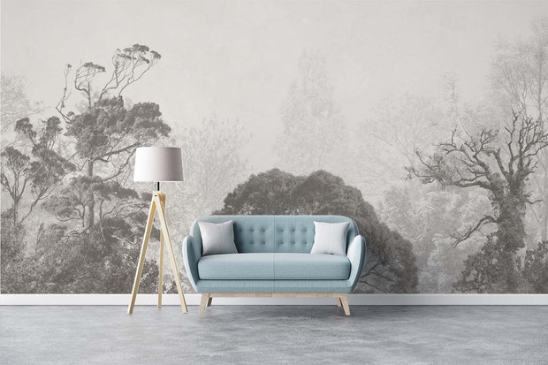 Grayscale misty forest wall mural featuring soft light filtering through trees, creating a serene and tranquil atmosphere for modern and minimalist interiors.