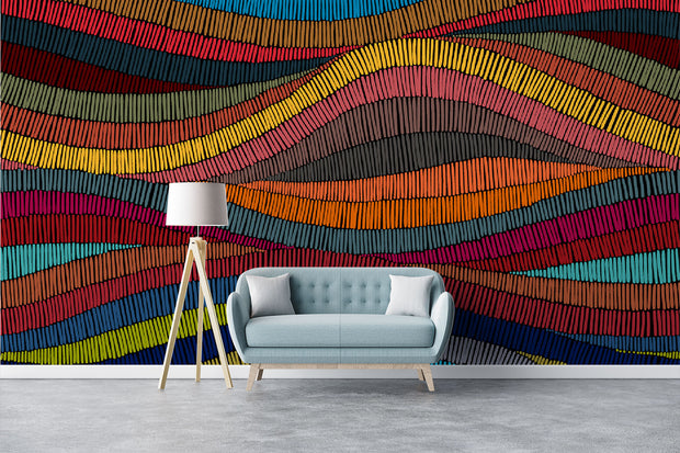 Colorful waves wall mural featuring colorful hand-drawn patterns in red, blue, yellow, and orange, perfect for modern home decor.