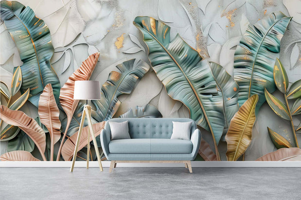 Luxury Tropical Leaf Wall Mural – 3D Botanical Wallpaper with Banana Leaves, Golden Accents, and Textured Background for Elegant Interiors.