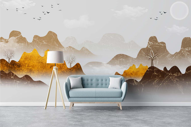 Golden Abstract Mountain Wall Mural – Luxury Wallpaper with Marble-Textured Peaks, Metallic Gold Accents, and a Misty Landscape for Elegant Interiors.