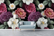 Dark Floral Wall Mural – Vintage Peony & Rose Wallpaper with Dramatic Black Background for Elegant and Luxurious Interiors.