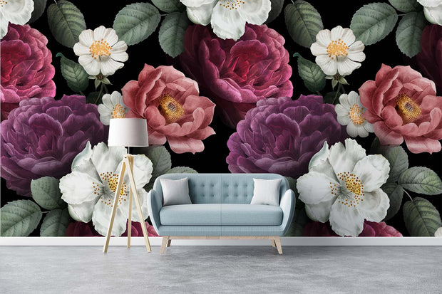 Dark Floral Wall Mural – Vintage Peony & Rose Wallpaper with Dramatic Black Background for Elegant and Luxurious Interiors.