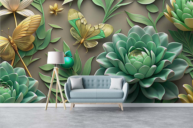 Luxury 3D Botanical Wall Mural – Realistic Succulent and Butterfly Wallpaper with Golden Accents for Elegant Modern Interiors.