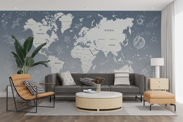 Modern gray world map wall mural with space elements, styled in contemporary living room.