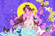 Whimsical wall mural with a muse surrounded by butterflies, vibrant florals, and a yellow moon against a purple background, ideal for colorful decor.