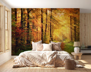 Golden autumn wall mural with a forest path surrounded by vibrant fall foliage and sunlit trees, creating a warm and inviting bedroom backdrop.