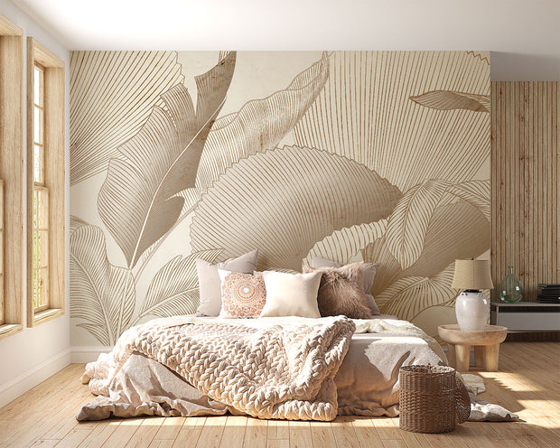 Sophisticated tropical leaf wall mural with fine-line botanical detailing in neutral beige and taupe tones, ideal for modern and elegant interior spaces.