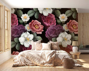 Dark Floral Wall Mural – Vintage Peony & Rose Wallpaper with Dramatic Black Background for Elegant and Luxurious Interiors.