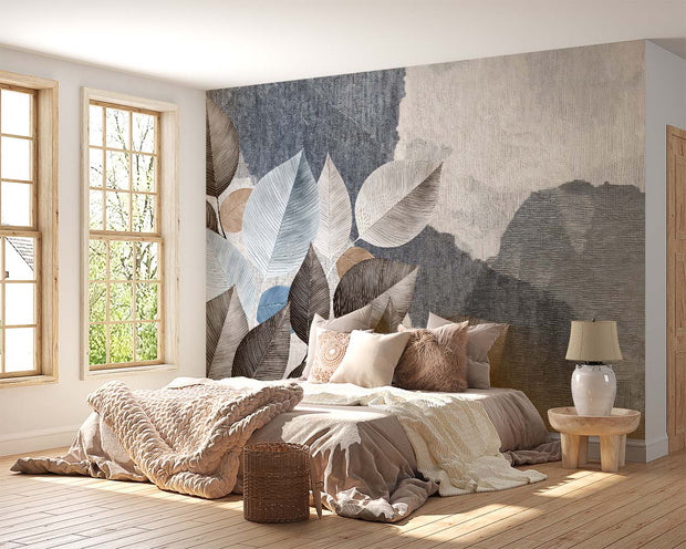 Modern Abstract Leaf & Mountain Wall Mural – Artistic Textured Wallpaper with Botanical Elements and Nature-Inspired Design in Blue, Taupe, and Beige.