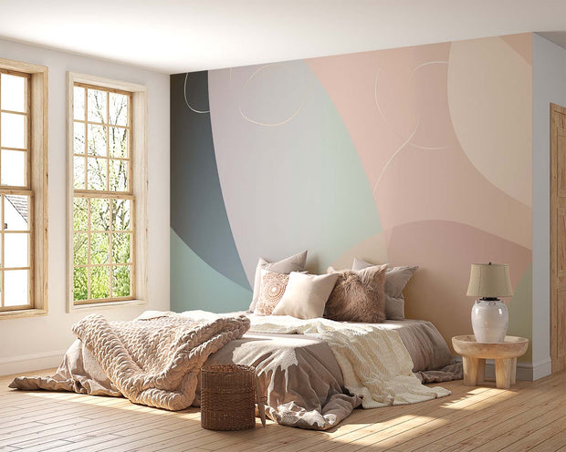 Modern Abstract Pastel Wall Mural – Soft Minimalist Wallpaper with Blush, Sage Green, and Taupe Curves for Contemporary Interiors.