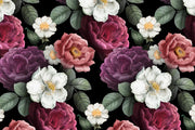 Dark Floral Wall Mural – Vintage Peony & Rose Wallpaper with Dramatic Black Background for Elegant and Luxurious Interiors.