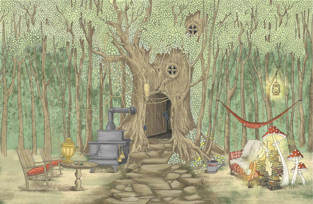 Enchanted forest treehouse wall mural featuring a whimsical woodland scene with rustic furniture, cozy decor, and fairy tale charm, perfect for a kids' room.