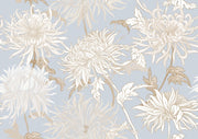 Elegant blue floral wall mural with intricate beige and gold chrysanthemums.