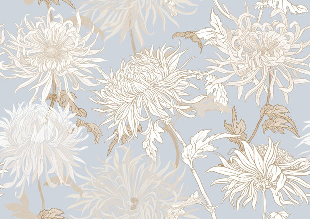 Elegant blue floral wall mural with intricate beige and gold chrysanthemums.