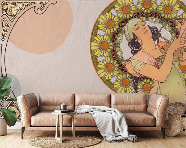 Art Nouveau wall mural with a sunflower motif and serene muse in soft pastel tones, ideal for vintage-inspired modern living rooms.