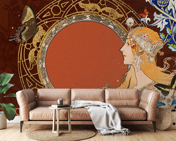 Art Nouveau wall mural featuring a golden-haired muse, butterflies, and intricate gold details on a burnt-orange background, perfect for elegant decor.