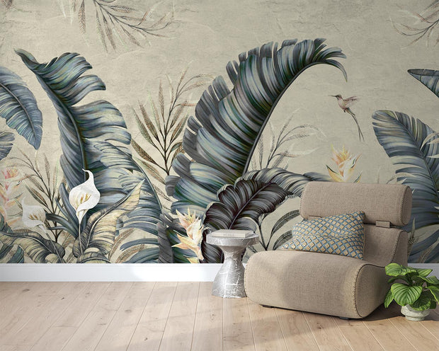 Tropical elegance wall mural featuring oversized banana leaves, bird of paradise flowers, and a hummingbird in muted tones for modern living room.