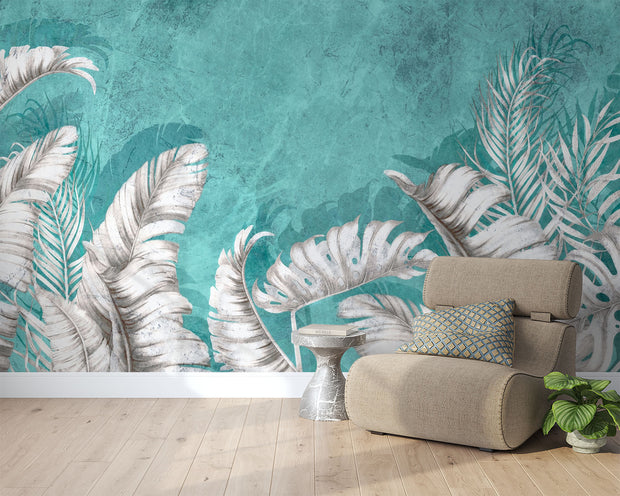 Large white palm leaves on a textured turquoise background in a tropical wall mural, perfect for modern and coastal interiors.