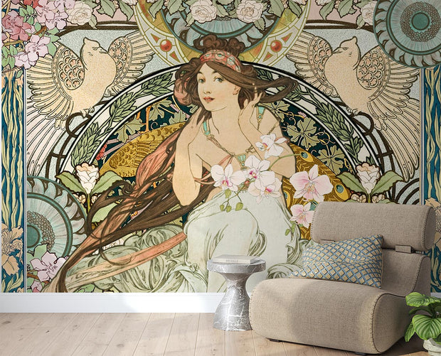 Art Nouveau wall mural with a serene goddess, floral patterns and decorative birds, adding vintage elegance to a modern living room.