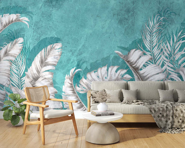 Large white palm leaves on a textured turquoise background in a tropical wall mural, perfect for modern and coastal interiors.