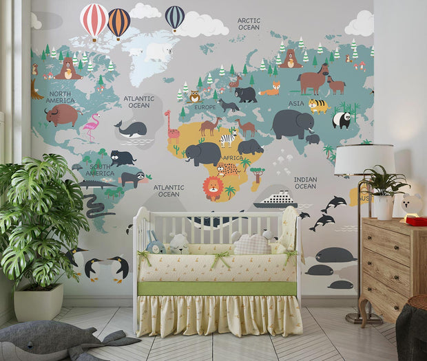 Illustrated kids world map wall mural featuring continents, oceans, animals, and landmarks in a playful and educational design.