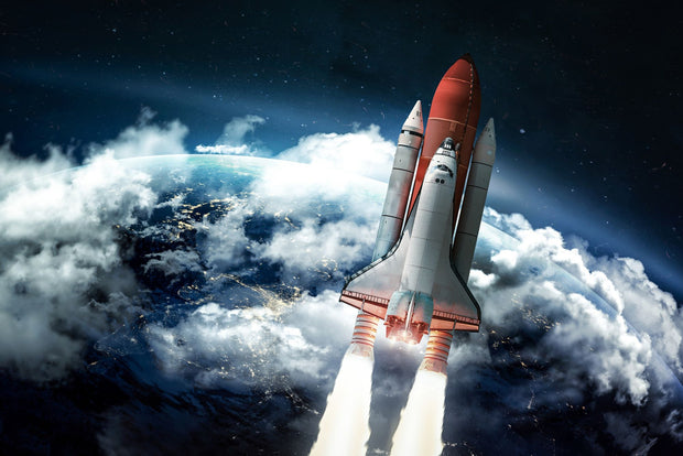 Wall mural of a space shuttle launching into orbit with Earth and clouds in the background.