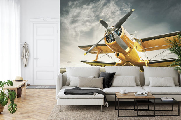 Vintage airplane wall mural featuring a bold yellow aircraft against a dynamic sky, ideal for creating an adventurous and inspiring interior.