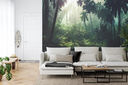 Rainforest jungle wall mural featuring dense greenery, tropical plants and sunlight streaming through the trees, creating a tranquil and vibrant ambiance.