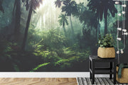 Rainforest jungle wall mural featuring dense greenery, tropical plants and sunlight streaming through the trees, creating a tranquil and vibrant ambiance.