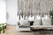 Birch forest wall mural with rows of black-and-white birch trees standing in a snowy landscape, ideal for minimalist and modern decor.