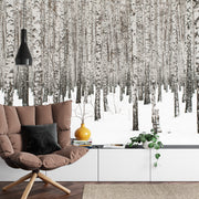 Birch forest wall mural with rows of black-and-white birch trees standing in a snowy landscape, ideal for minimalist and modern decor.