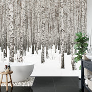 Birch forest wall mural with rows of black-and-white birch trees standing in a snowy landscape, ideal for minimalist and modern decor.