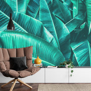 Banana leaf wall mural with bold, richly detailed tropical green leaves, ideal for vibrant and stylish home decor.