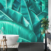 Banana leaf wall mural with bold, richly detailed tropical green leaves, ideal for vibrant and stylish home decor.