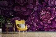 Bold Burgundy Peony Wall Mural – Luxurious Oversized Floral Wallpaper with Deep Plum, Purple, and Dark Background for Elegant Interiors.