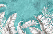 Large white palm leaves on a textured turquoise background in a tropical wall mural, perfect for modern and coastal interiors.
