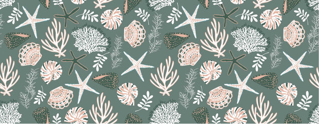 Coastal wall mural featuring starfish, seashells, coral reefs and marine plants in soft pastel tones on a muted green background.