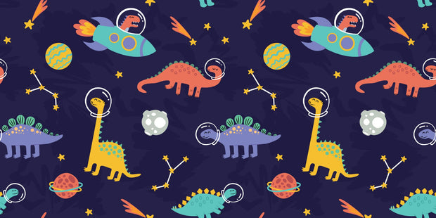 Space Dinosaurs Wall Mural featuring colorful astronaut dinosaurs, planets and stars.